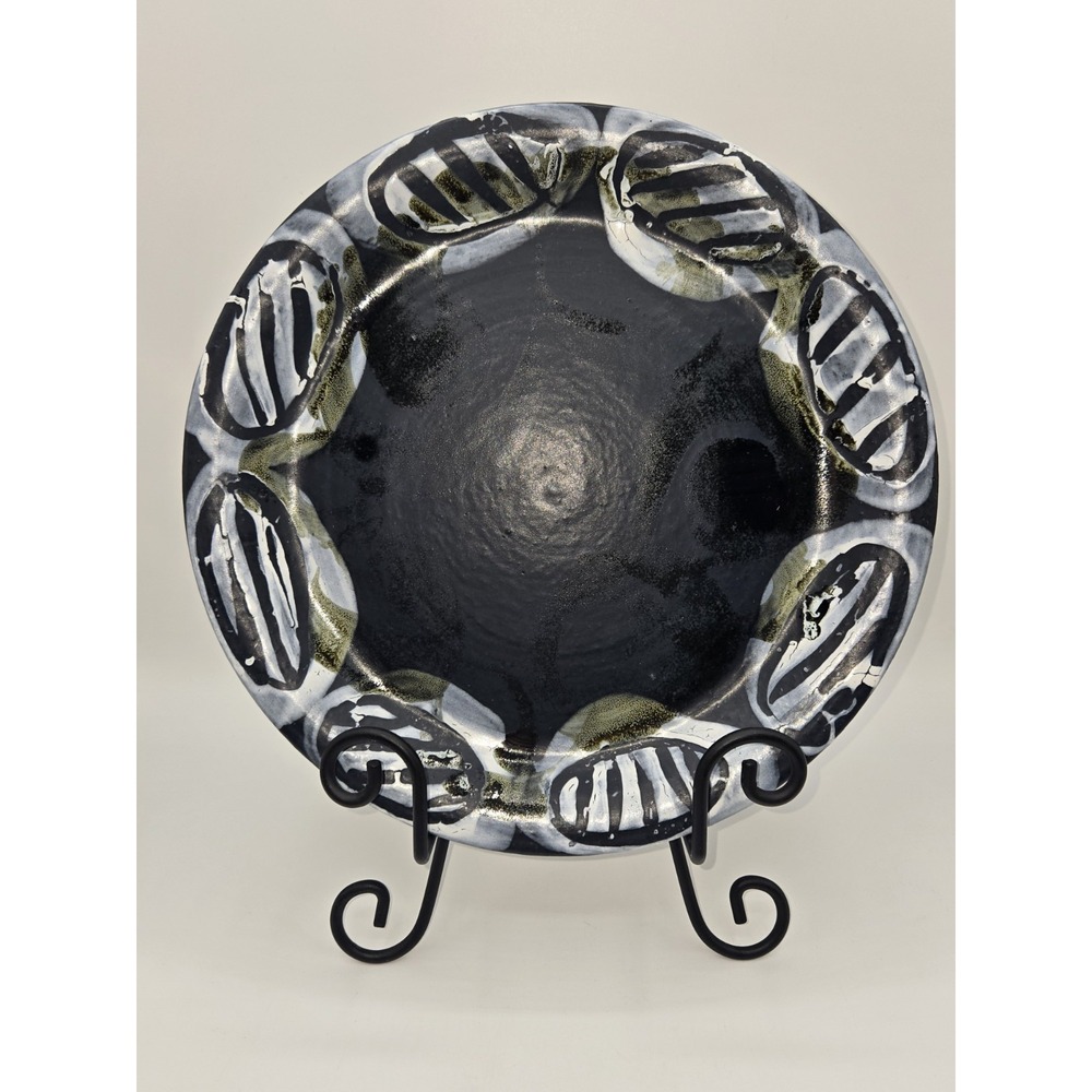 Vintage‎ Abstract Ceramic Glazed Dark Blue & White Handmade Plate 10-3/8" Signed